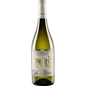 Paré Pecorino d'Abruzzo Eine Flasche vom Weingut Diubaldo. Die Flasche hat ein helles Stoff- oder Strukturelabel mit goldener Aufschrift und eine weisse Kapsel am Flaschenhals.