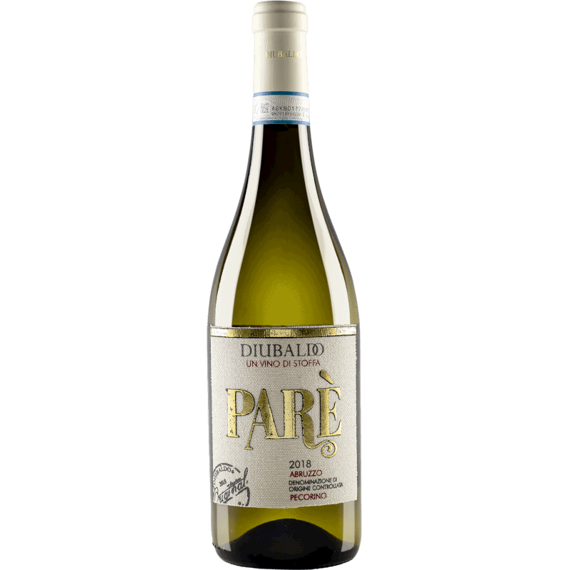 Paré Pecorino d'Abruzzo Eine Flasche vom Weingut Diubaldo. Die Flasche hat ein helles Stoff- oder Strukturelabel mit goldener Aufschrift und eine weisse Kapsel am Flaschenhals.