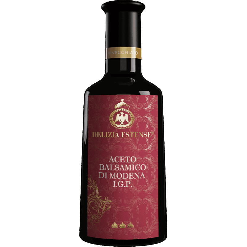 Aceto Balsamico IGP Delizia Estense. Flasche Aceto Balsamico IGP Delizia Estense Etichetta Rossa mit rotem Etikett vor schwarzem Hintergrund.