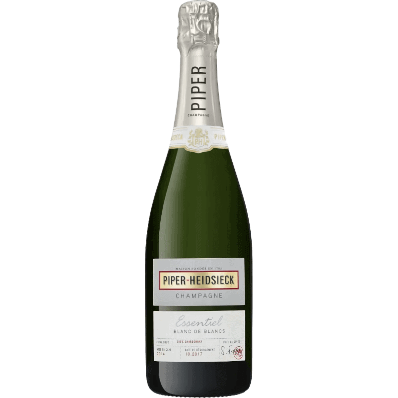 Flasche Piper-Heidsieck Essentiel Blanc de Blancs Champagne mit silberner Folie und Jahrgang 2014