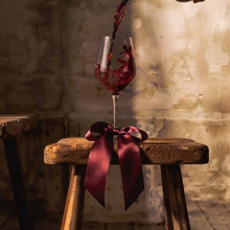 Festlich dekoriertes Weinglas mit Rotwein, der eingeschenkt wird, auf einem rustikalen Holztisch mit großer weinroter Schleife im stimmungsvollen Weinkeller.