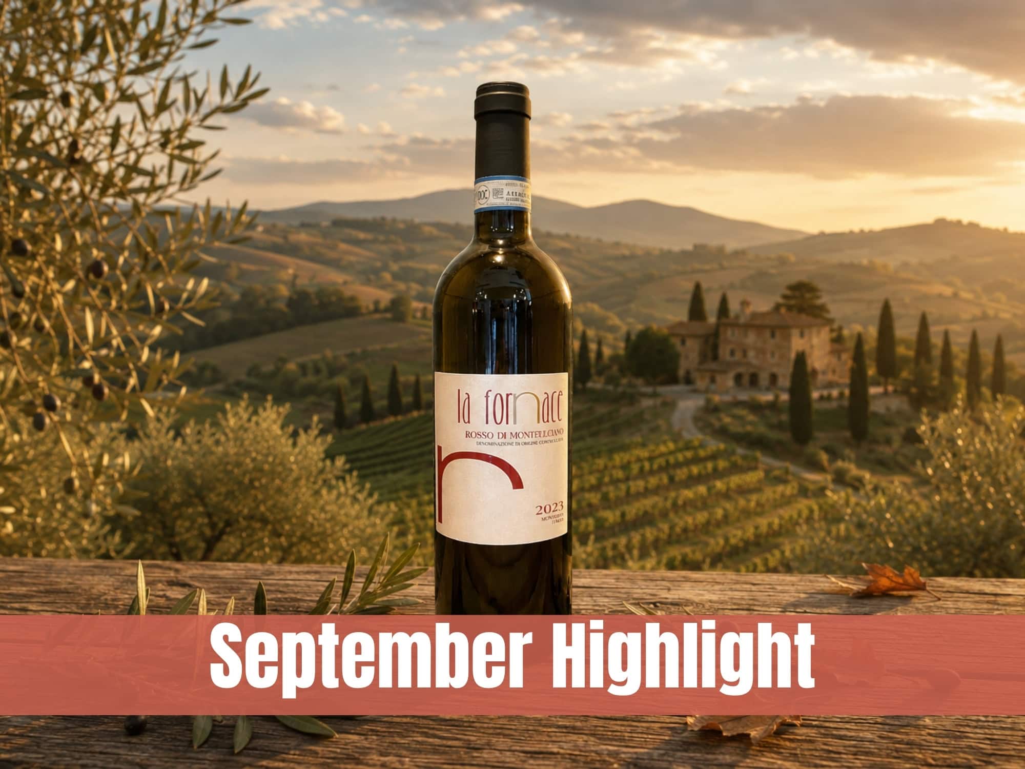 La Fornace Rosso di Montepulciano DOC 2023“ stehend auf einer Holzbank vor einer toskanischen Hügellandschaft bei Sonnenuntergang mit dem Text „September Highlight“.