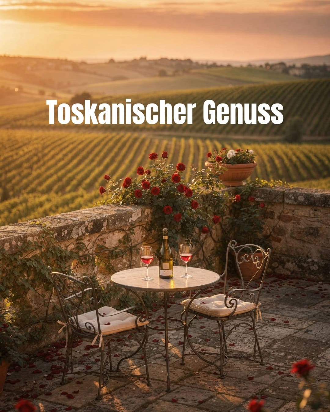 Romantischer Tisch mit einer Weinflasche und zwei gefüllten Gläsern vor einer Steinmauer mit roten Rosen, im Hintergrund weite Weinberge in der Toskana bei Sonnenuntergang